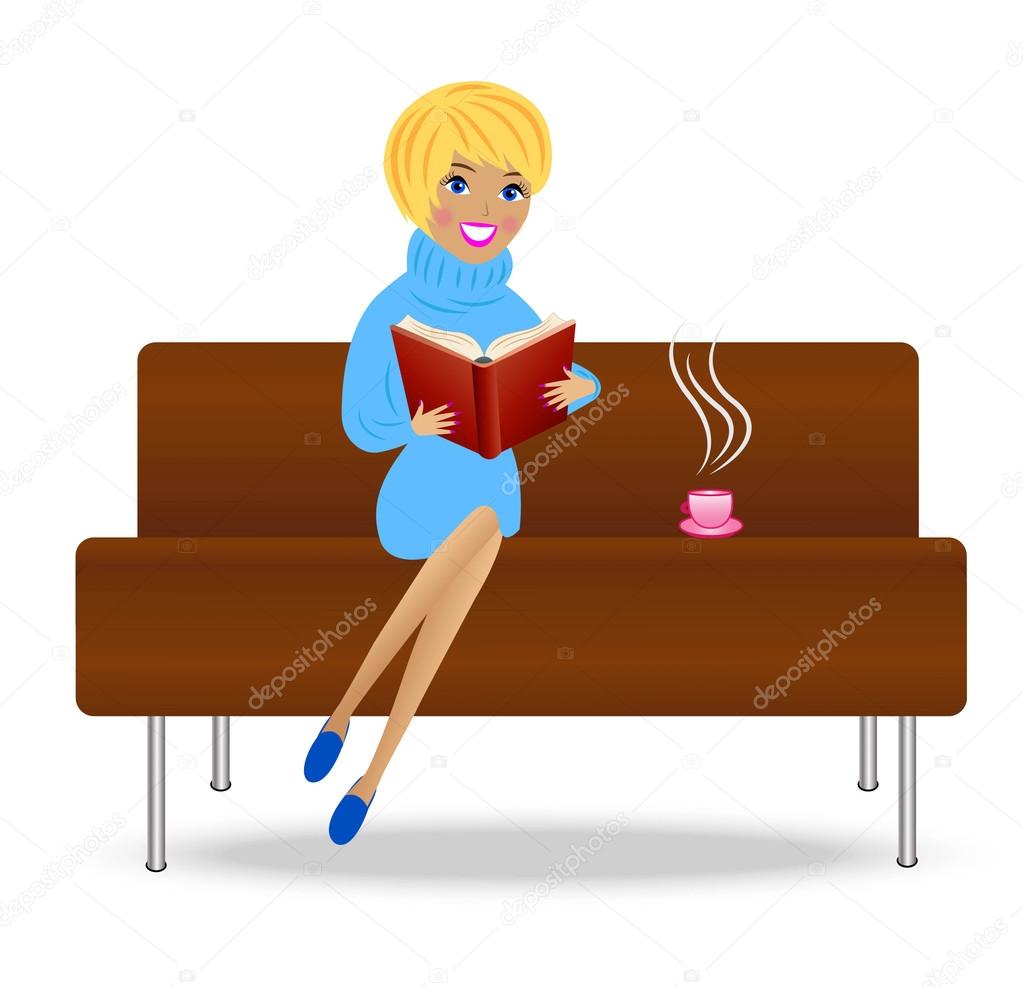 Young woman with book and cup of tea sit on sofa