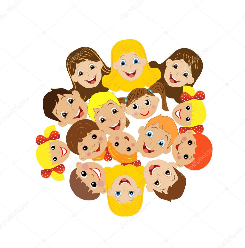 Many children got up in a circle on a white background