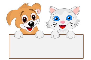 neşeli köpek ve kedi temiz bir afiş tutun