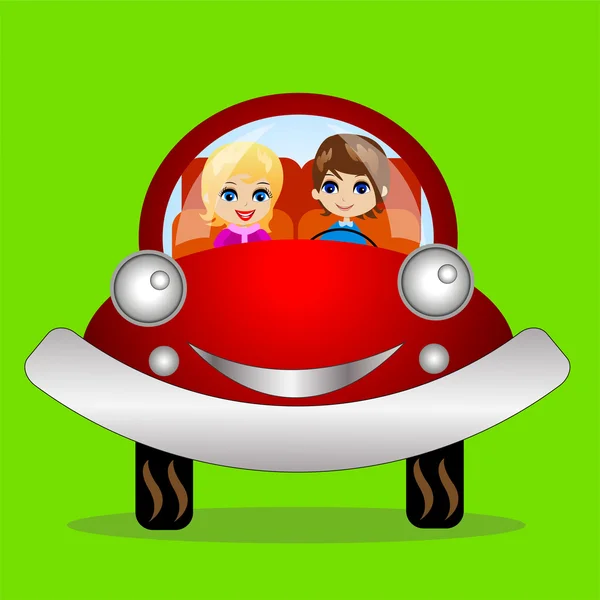 Весела пара в машині на зеленому фоні — стоковий вектор