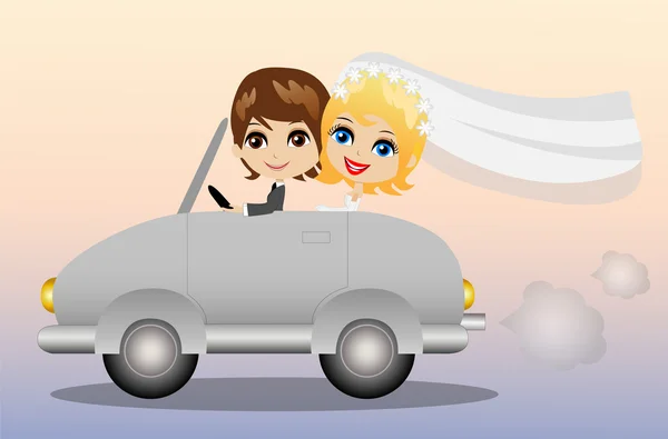 美しい新郎の婚約者と車の上で結婚式旅行に行く — ストックベクタ