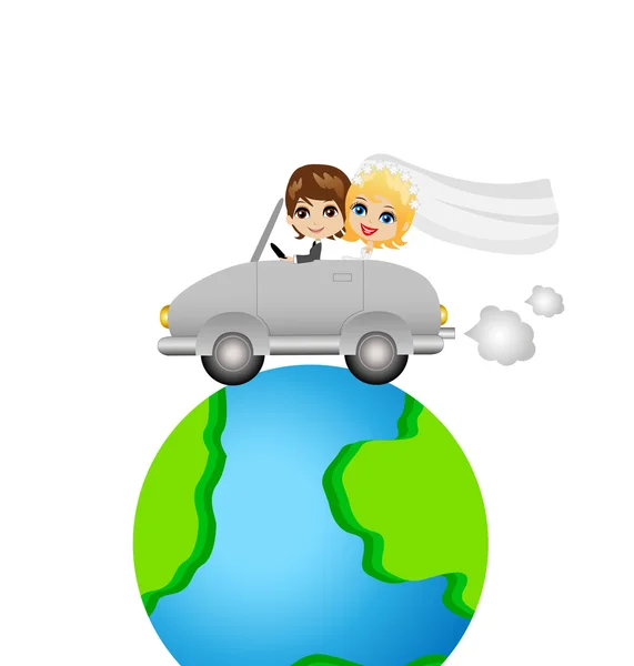 Groom avec fiancée aller dans un voyage sur une voiture autour de la terre — Image vectorielle