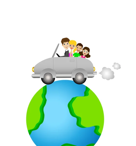 在乘坐一辆车的家庭去绕地球 — 图库矢量图片