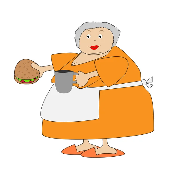 Mujer anciana completa con sándwich abierto y taza en las manos — Vector de stock