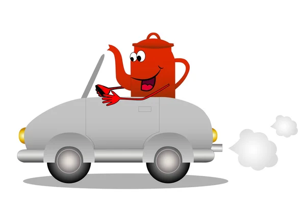 Merry red tea-pot after the helm of car — Stock Vector