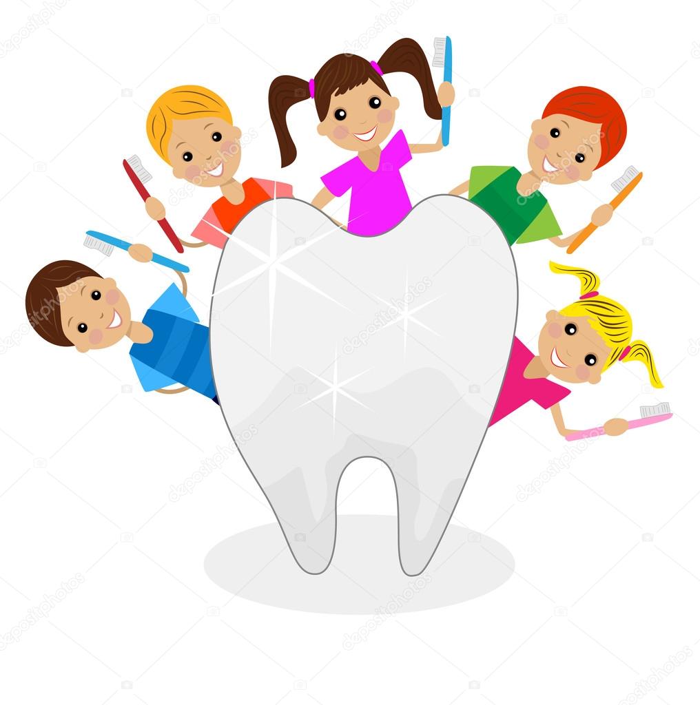 Allegri bambini con spazzolini da denti in mani vedono ai denti illustrazione vettoriale — Vettoriali di Galina2703 Trova immagini simili