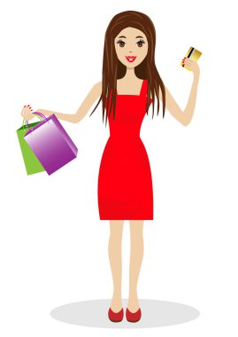 woman with a credit card and purchases in hands clipart