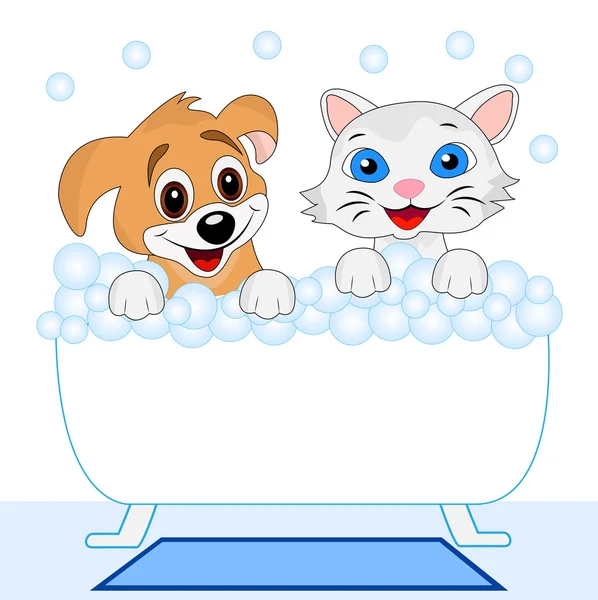 Merry kitten and dog bath in bath — Stock Vector