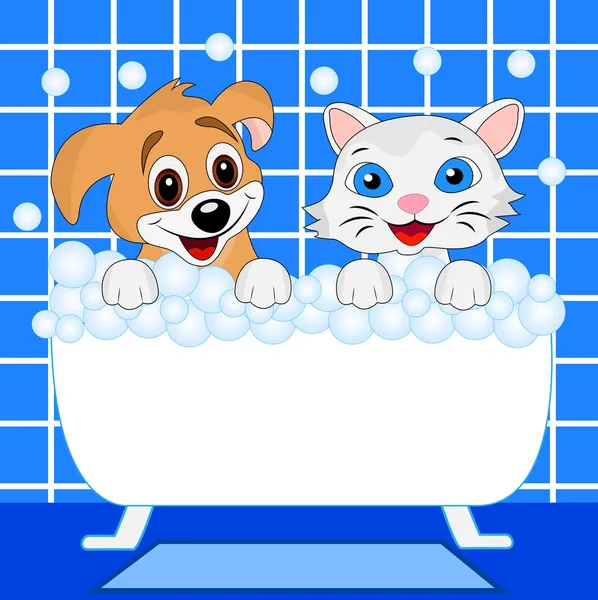 Merry kitten and dog bath in bath — Stock Vector