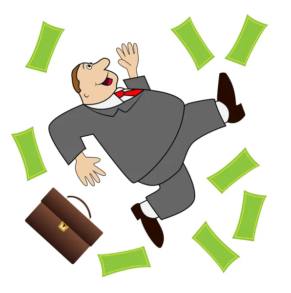 Thick business man is glad to a powerful lot of money — Stock Vector