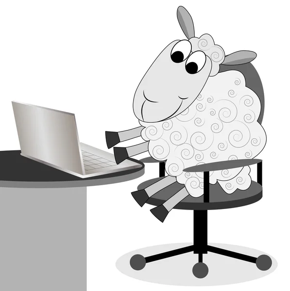 Allegro pecore lavora dopo un notebook — Vettoriale Stock