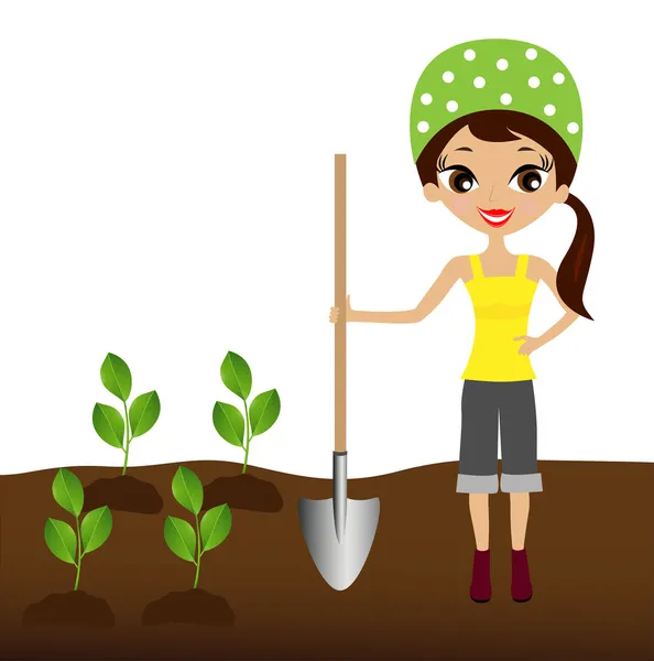 A young woman plants a nursery transplant in soil — Stock Vector