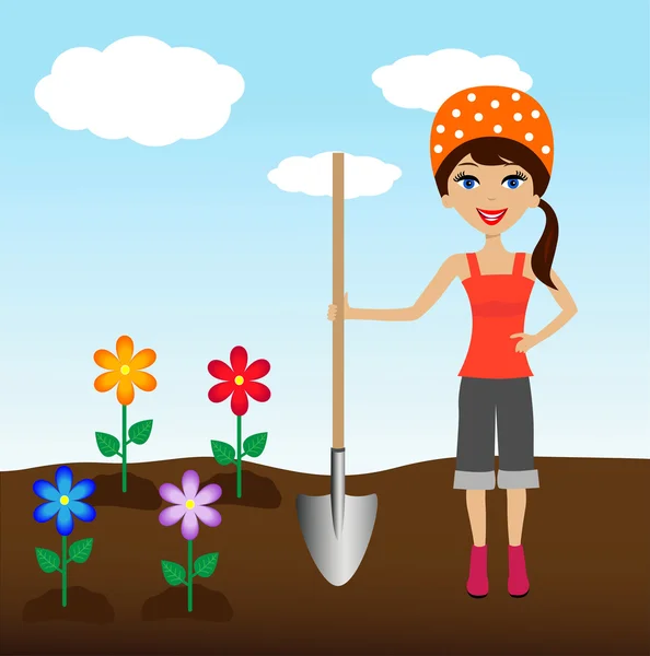 Jeune femme plante fleur dans le sol — Image vectorielle