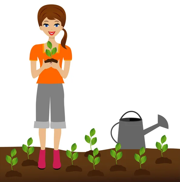 A young woman plants a nursery transplant in soil — Stock Vector