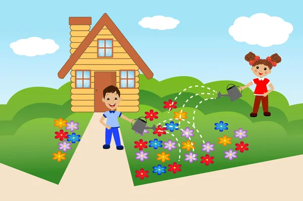 Niño verter flores en residencia de verano — Vector de stock