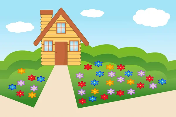 Hermosa casa con un jardín floreciente — Vector de stock