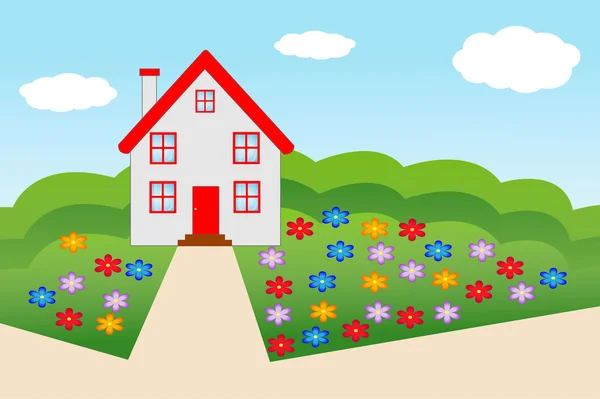 Hermosa casa con un jardín floreciente — Vector de stock