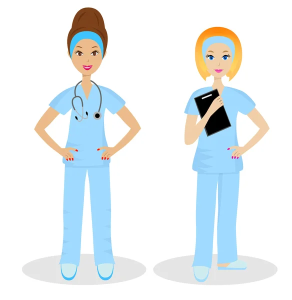 Dos mujeres jóvenes médicos sobre fondo blanco — Vector de stock