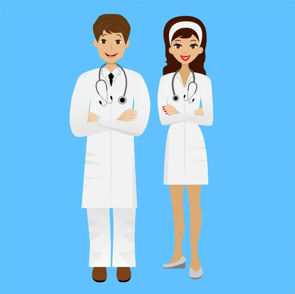 Dos médicos jóvenes hombre y mujer sobre fondo azul — Vector de stock