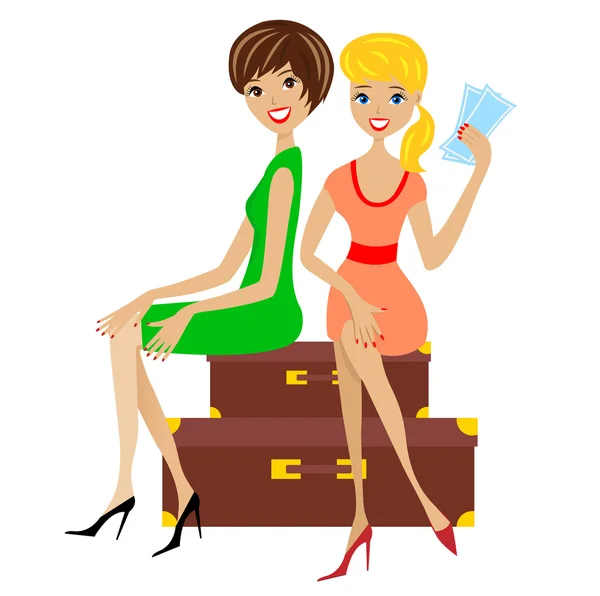 Two young women sit on suitcases — Stock Vector