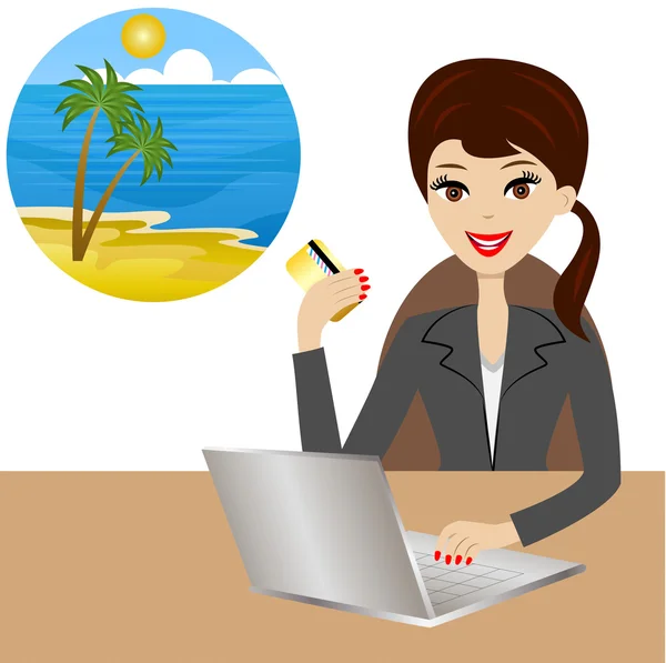 Woman buys a tour in vacation after a credit card — Stock Vector