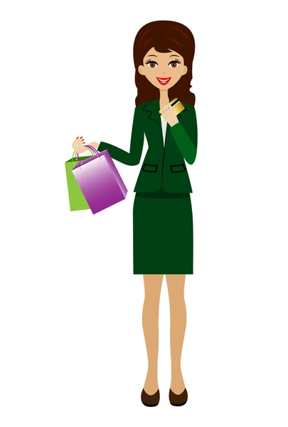 Woman with a credit card and purchases in hands — Stock Vector