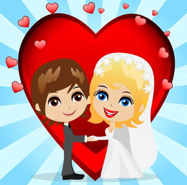 Schöner Bräutigam mit Verlobter auf rotem Herzen — Stockvektor
