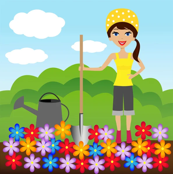 Young woman plant flower in soil — Stock Illustration Young woman plant flower in soil Vector Graphics