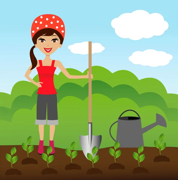 A young woman plants a nursery transplant in soil — Stock Illustration A young woman plants a nursery transplant in soil Stock Illustration