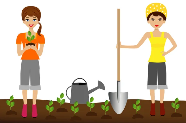Two young woman plant nursery transplant in soil — Stock Illustration Two young woman plant nursery transplant in soil Stock Illustration