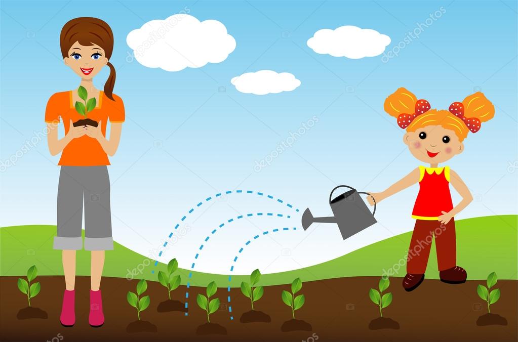 mother with daughter plant nursery transplant in soil