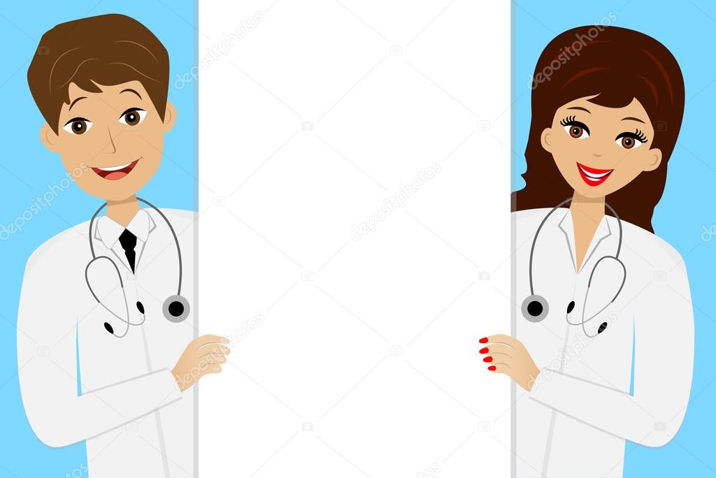Two young doctors man and woman on blue background