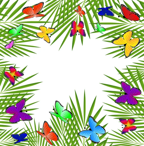 Fond avec des feuilles vertes et des papillons — Image vectorielle