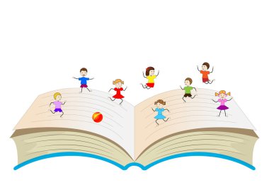 Açık kitap ile oynayan çocuklar
