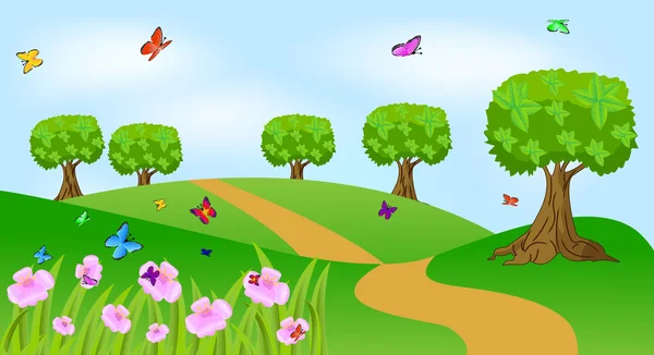 Paisaje de verano con flores y mariposas — Vector de stock