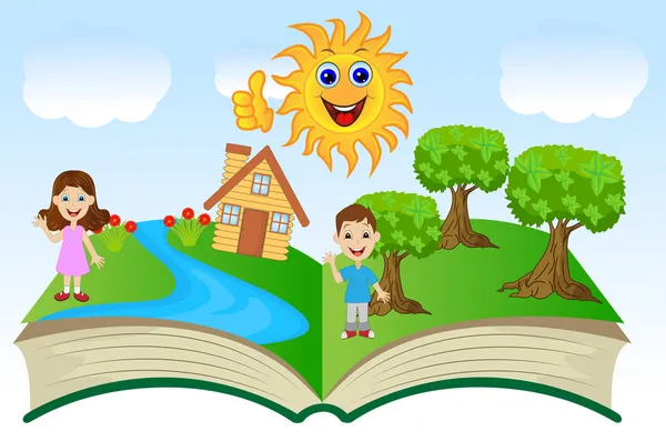 Libro abierto con niños y paisaje de verano — Vector de stock