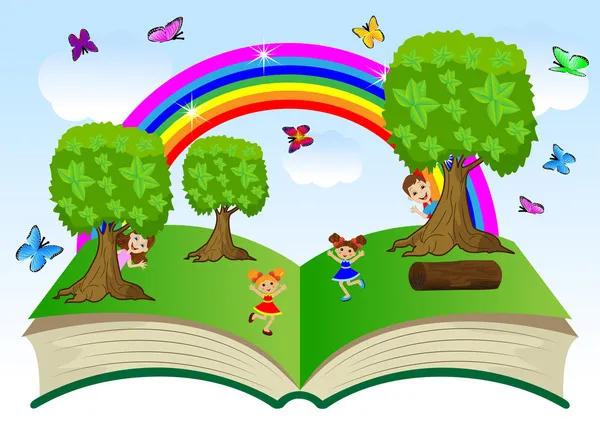 Libro abierto con niños y paisaje de verano — Vector de stock