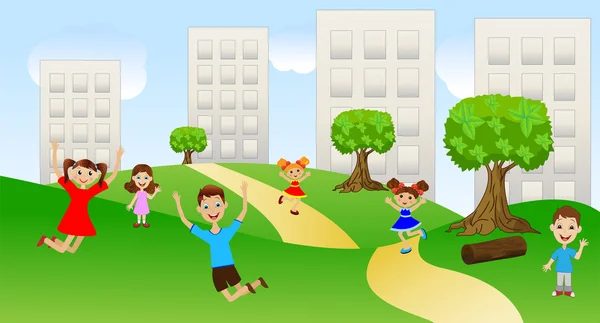 Enfants jouent la pelouse verte près des maisons de terrain — Image vectorielle