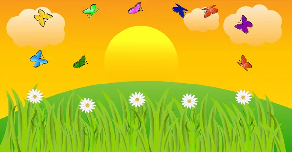 Paisagem de verão ao pôr do sol com borboletas e flores — Vetor de Stock