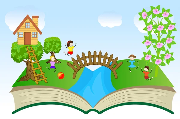 Libro aperto con bambini e paesaggio estivo — Vettoriale Stock