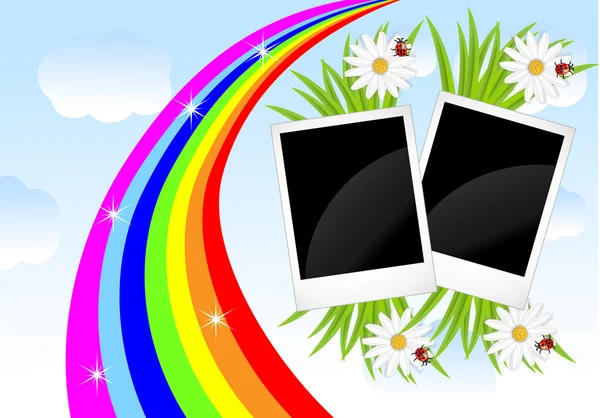 Dos fotos, flores y arco iris sobre un cielo de fondo — Vector de stock