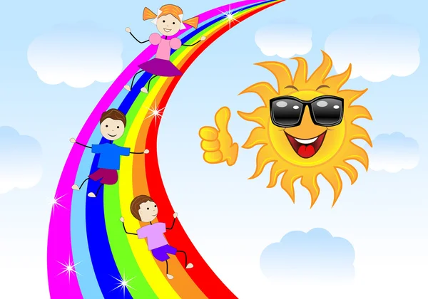 Niños van a dar un paseo en un arco iris — Vector de stock