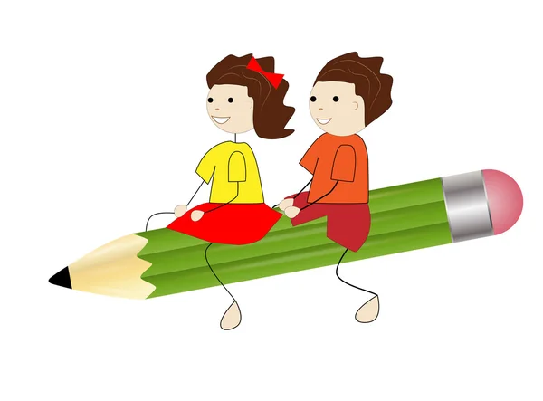 Niña y niño vuelan en un lápiz — Vector de stock