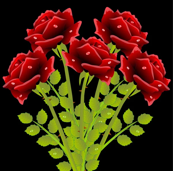 Ramo de rosas rojas sobre un fondo negro — Vector de stock