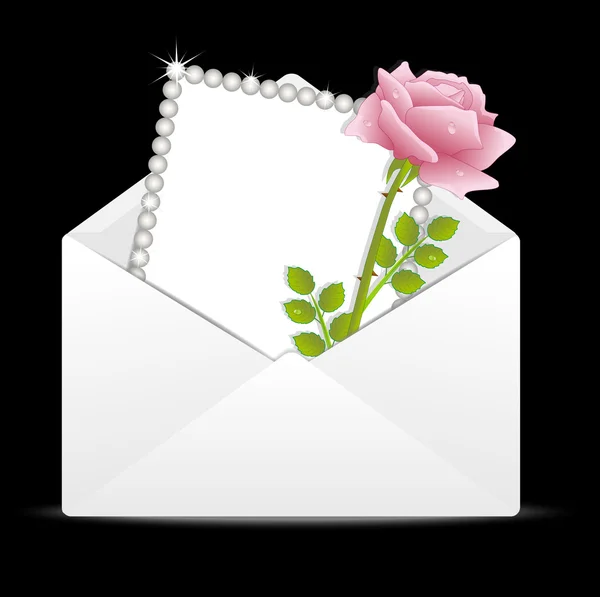 Pink rose en wenskaart in een envelop — Stockvector