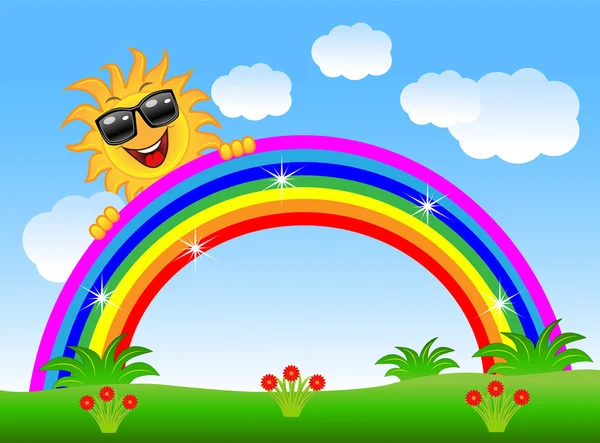 Merry zon gluurt uit van een regenboog — Stockvector