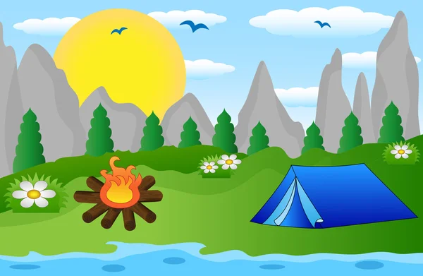 Nehir üzerinde turist çadır — Stok Vektör