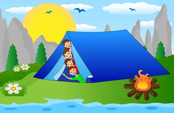 Riverside'da bir turist çadır üzerinden dışarı çocuklar göz — Stok Vektör