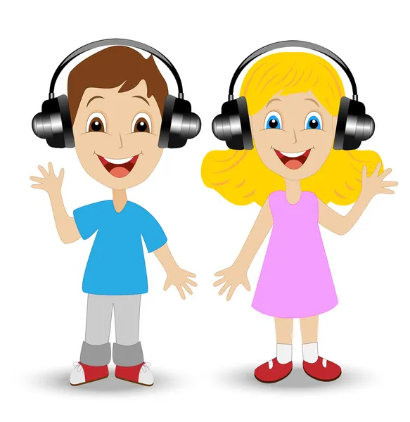 Niña y niño en auriculares sobre un fondo blanco — Vector de stock