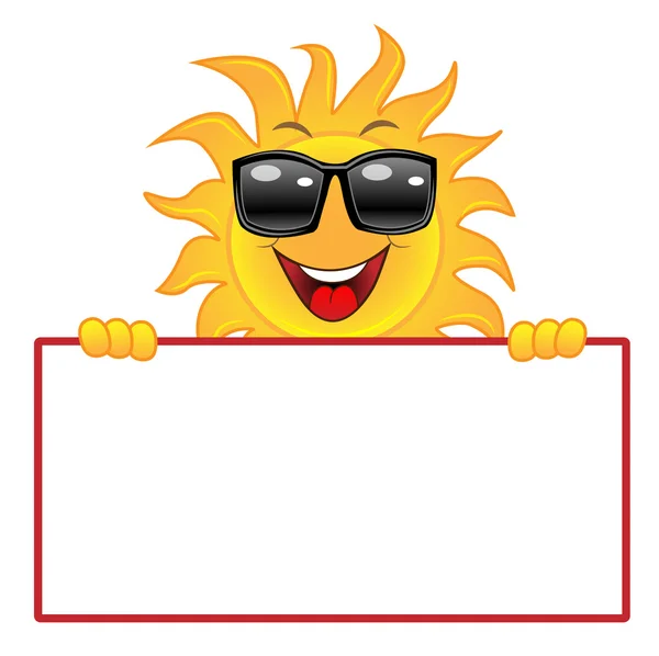 Soleil joyeux dans des lunettes sombres tient une bannière blanche — Image vectorielle